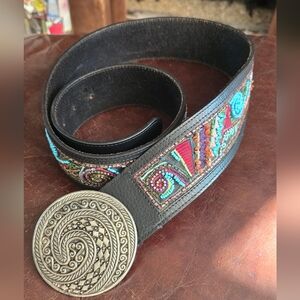 Chicos Embroidered Leather Belt with Silver Hook Buckle Size L